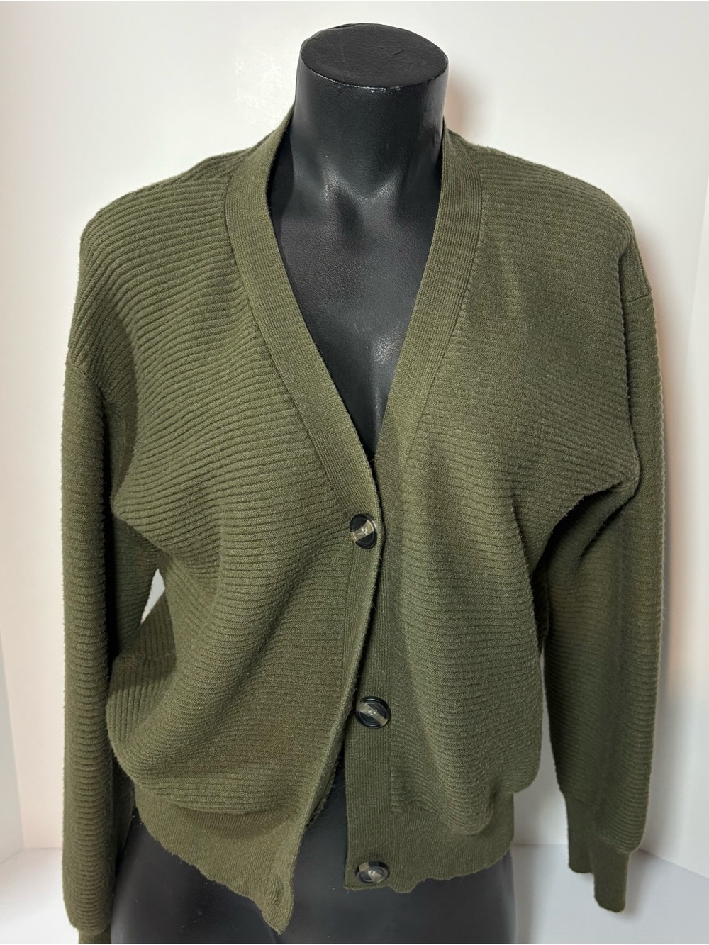 Poof! Olive Green Ribbed V-Neck Button Cardigan